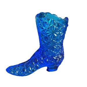 Vintage Cobalt Blue Daisy & Button Glass Boot Tabletop Decor